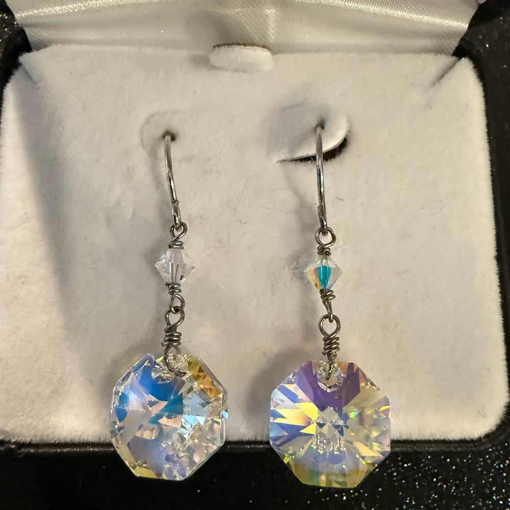 Sterling Aurora Borealis Crystal Drop Earrings, 1”L x 1/2”W., New in Box!